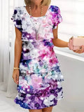 Fashion Layered Ruffled Short Dress for Women'S Summer Casual Printed Short-Sleeved Loose Elegant Female Beach Vacation Dresses